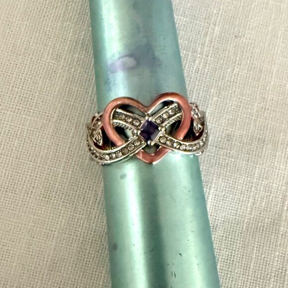 Elegant Silver Rose Gold Heart Infinity Knot Ring Rhinestone Accents Size 7.75 - Picture 2 of 11